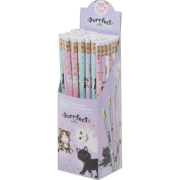 Lapis preto redondo decorado purrfect cats c/borracha - tilibra (dp.c/72)