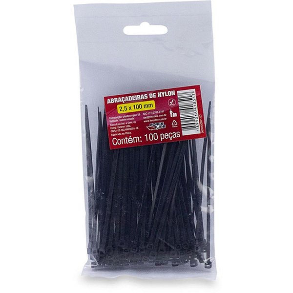 Abracadeira nylon preta 2,5x100mm. - force line (pct.c/100)