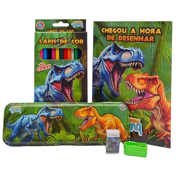 Kit escolar dino/gamer colorir c/estojo(s) - polibrinq (kit)