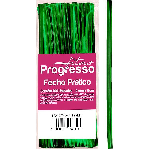 Fecho metalico verde bandeira 4mmx11cm. - fitas progresso (pct.c/100)