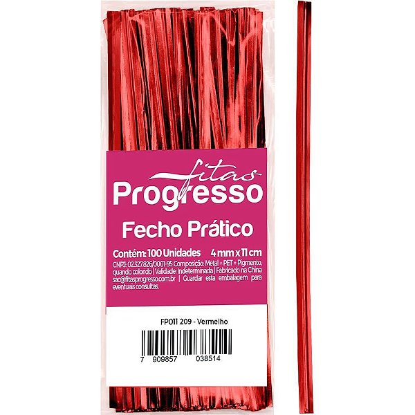Fecho metalico vermelho 4mmx11cm. - fitas progresso (pct.c/100)