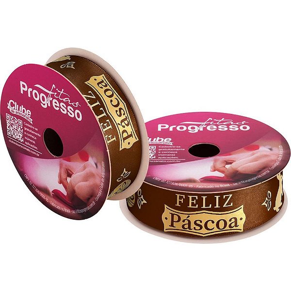 Fita de cetim pascoa 22mm 10m. feliz pascoa marrom - fitas progresso (unidade)