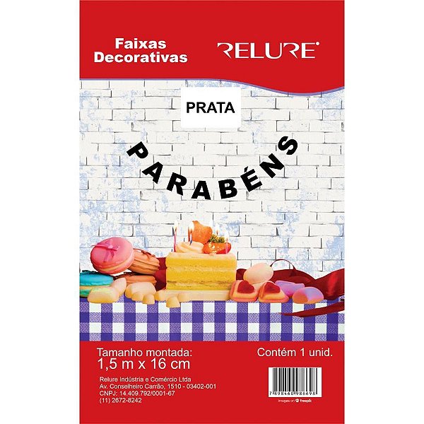 Faixa decorativa parabens prata 1,5mx16cm c/cor - honey (unidade)