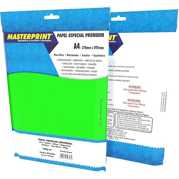 Papel a4 color verde neon 180g. - masterprint (pct.c/20)