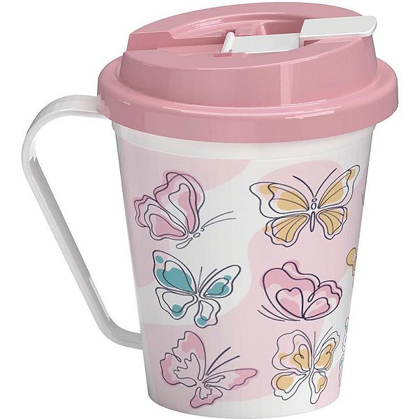 Caneca decorada borboletas c/ tampa 350ml - nitron (unidade)