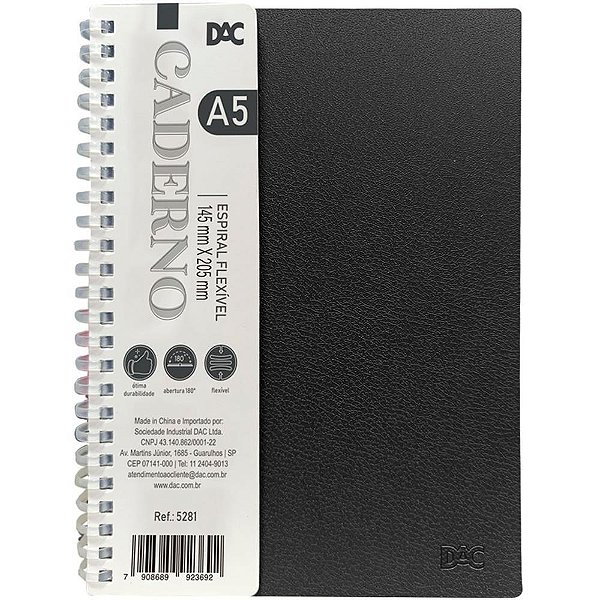 Caderno a5 preto espiral smart pp 80fls. - dac (unidade)