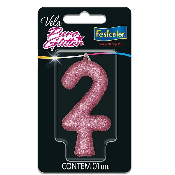 Vela para aniversario n.02 rosa puro glitter - festcolor (cx.c/10)