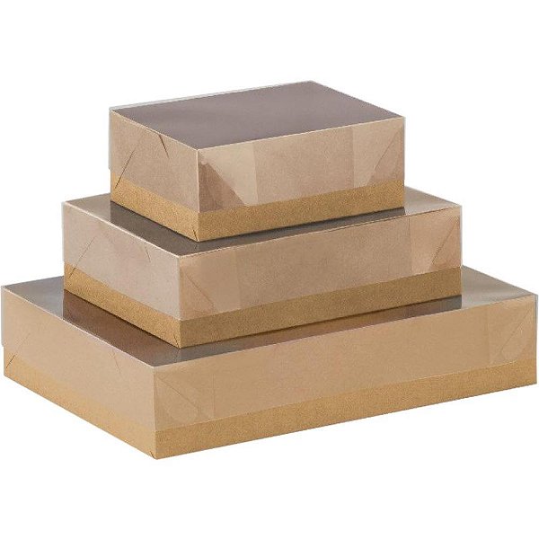 Caixa para presente com tampa kraft e pvc md 26x19x7,5 - cristina (pct.c/05)