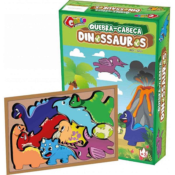 Quebra-cabeca madeira encaixe dinossauros 9pecas - carlu (unidade)