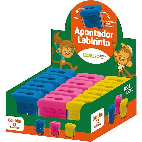 Apontador com deposito 2 furos labirinto big/padrao 3cores - leonora (dp.c/12)