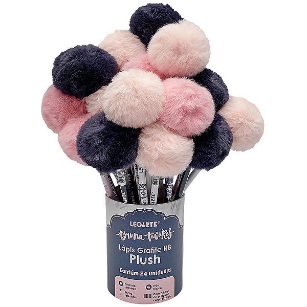 Lapis preto redondo decorado bruna tavares pompom hb 3cor - leonora (pote-24)