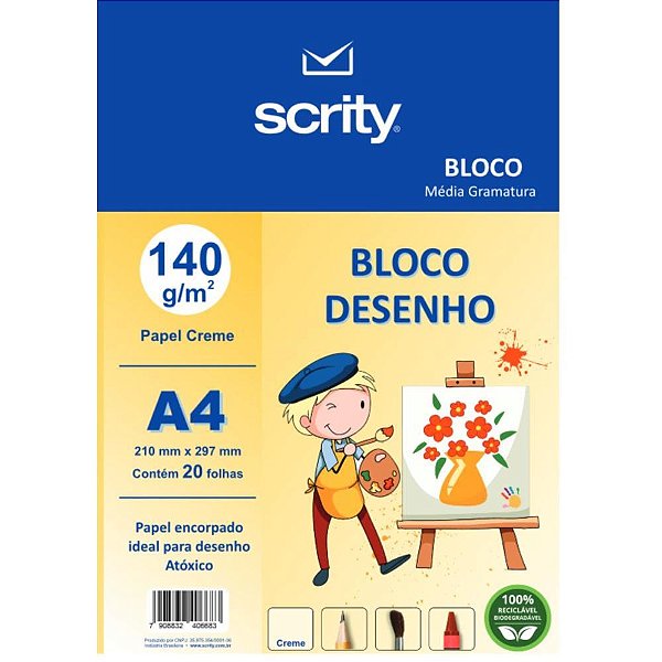 Bloco para educacao artistica desenho a4 creme 140g 20fls. - scrity (pacote)