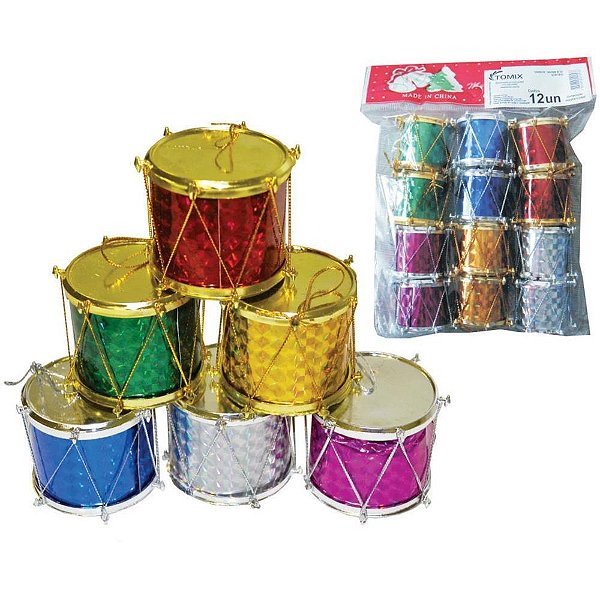 Artigo para decoracao natal pingente tambor 3cm colorido - v.m.p. (pct.c/12)