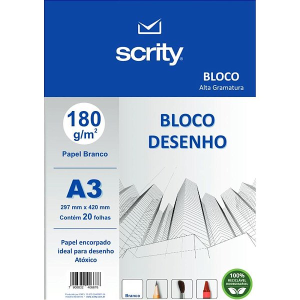 Bloco para educacao artistica desenho a3 branco 180g 20fls. - scrity (pacote)