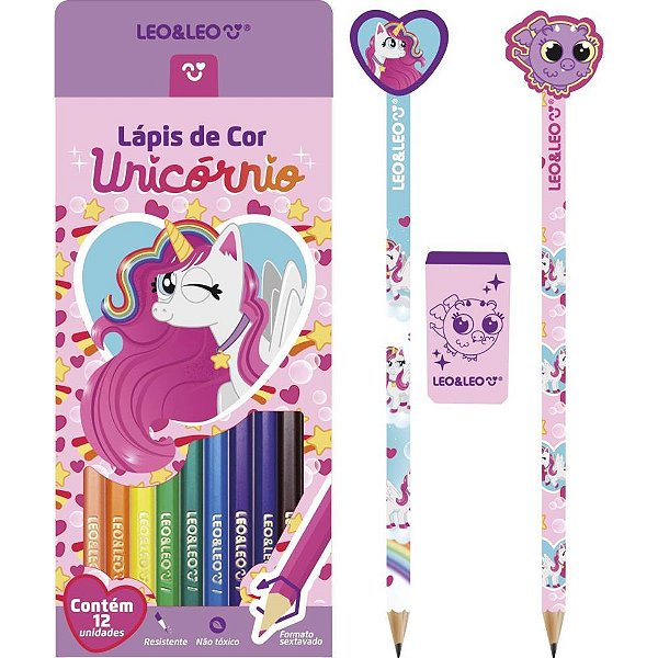 Kit escolar unicornio 12 lapis cor + 3pcs - leonora (blister)