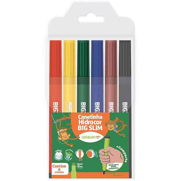 Caneta hidrografica jumbo leo e leo big slim 6 cores - leonora (estojo)