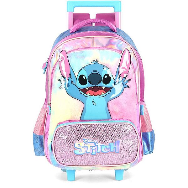 Mochila infantil com rodinha stitch roxo c/cetim e pelucia - luxcel (unidade)