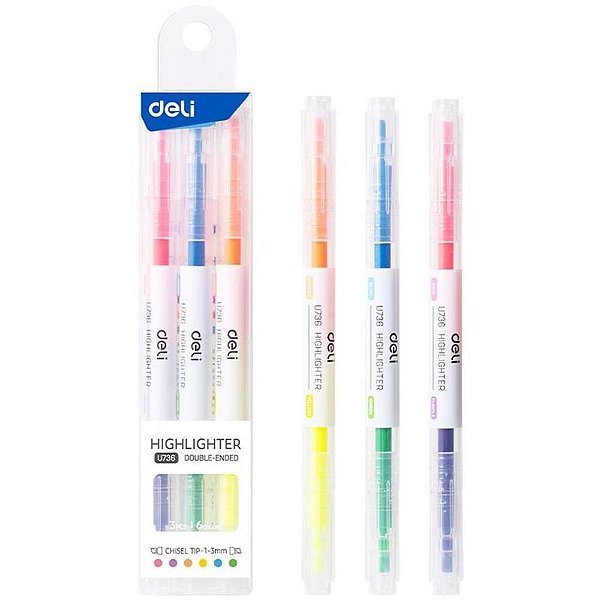 Caneta marca texto highlighter 2 pontas 6 cores - deli (blister)