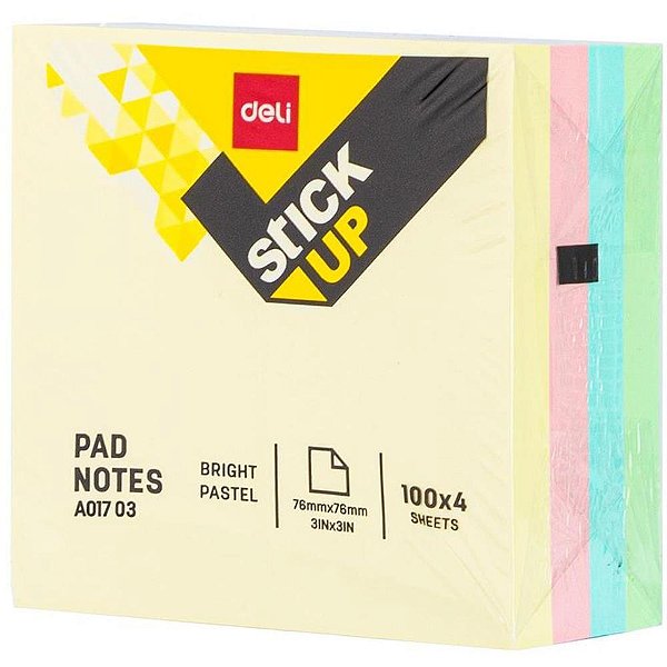 Bloco de recado autoadesivo 76x76mm tons pasteis 4x100fls - deli (unidade)