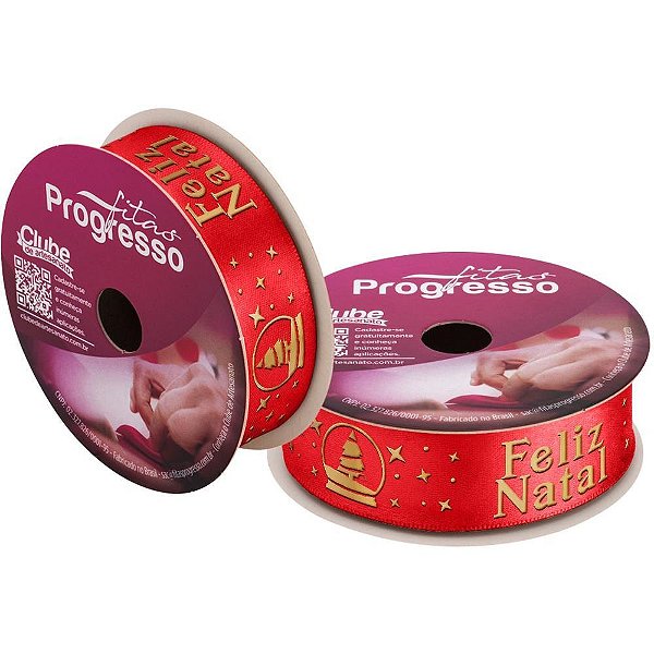 Fita de cetim natal 22mmx10m feliz natal relevo - fitas progresso (unidade)