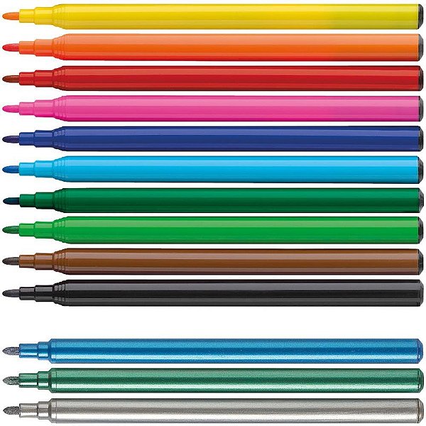 Caneta hidrografica dinossauro 10cores+3 metalicas - faber-castell (cx.c/10)