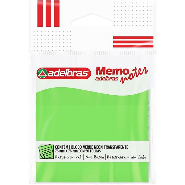 Bloco de recado autoadesivo memonote transp 76x76 verde ne - adelbras (unidade)