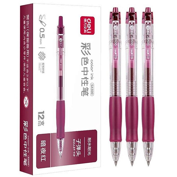 Caneta gel retratil c/grip vinho 0,5mm - deli (cx.c/12)