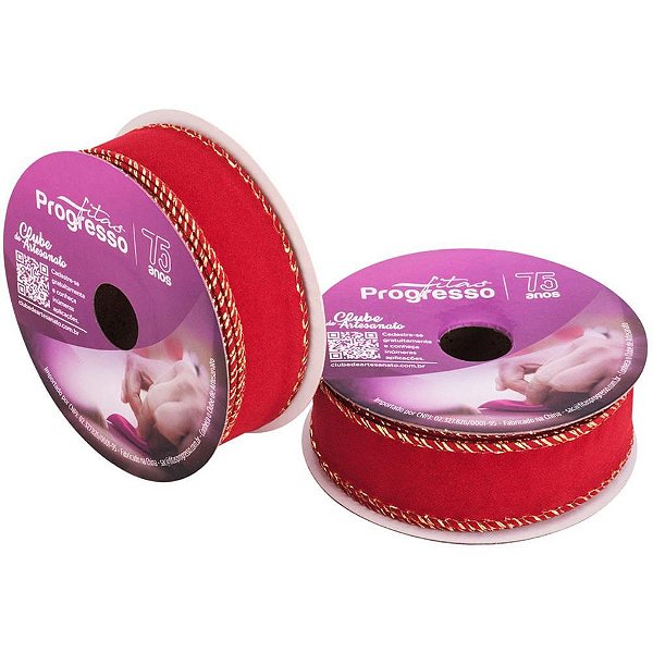 Fita aramada decorativa 25mmx10m veludo vermelho/ouro - fitas progresso (unidade)