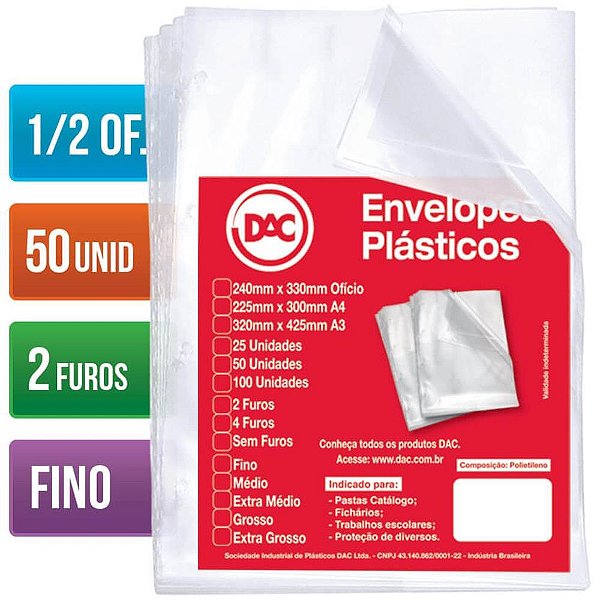 Envelope plastico oficio 2 furos finos 1/2 - dac (pct.c/50)
