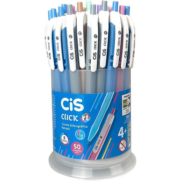 Caneta esferografica retratil cis click 0.7mm 8 cores (sortido) - sertic (pote-50)