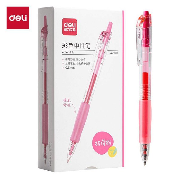 Caneta gel retratil c/grip rosa 0,5mm - deli (cx.c/12)