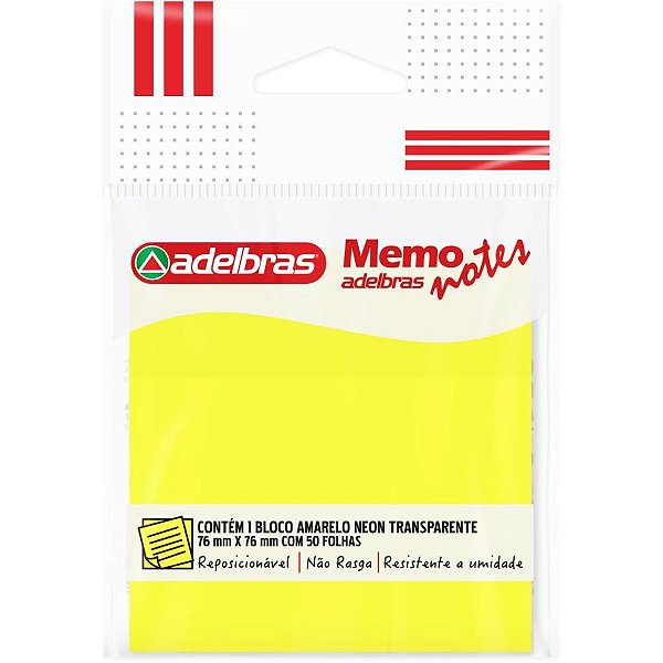 Bloco de recado autoadesivo memonote transp 76x76 amarelo - adelbras (unidade)