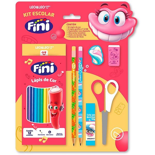 Kit escolar fini 12 lapis de cor + 6 pecas - leonora (blister)