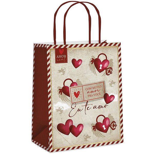 Sacola para presente decorada amor real m 26x19,5x9,5cm - cromus (pct.c/10)
