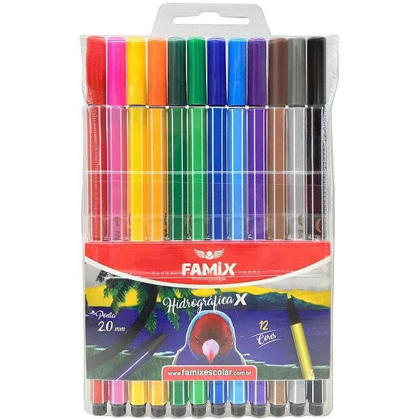 Caneta hidrografica hexagonal 12 cores - famix (estojo)