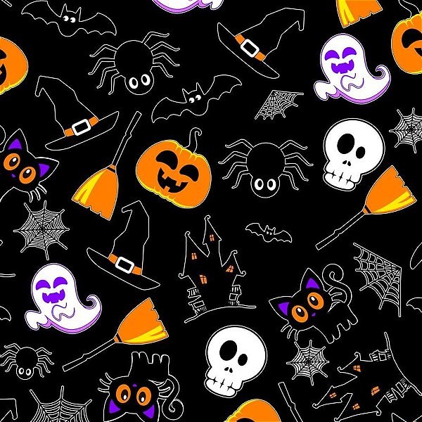 Tnt estampado 1,40m 40g halloween neon fundo preto - mewi (bo-25mts)