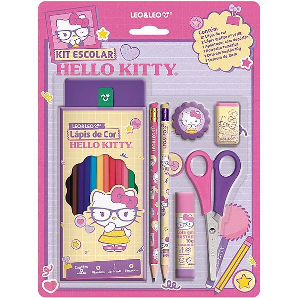 Kit escolar hello kitty 12 lapis cor + 6pc - leonora (blister)