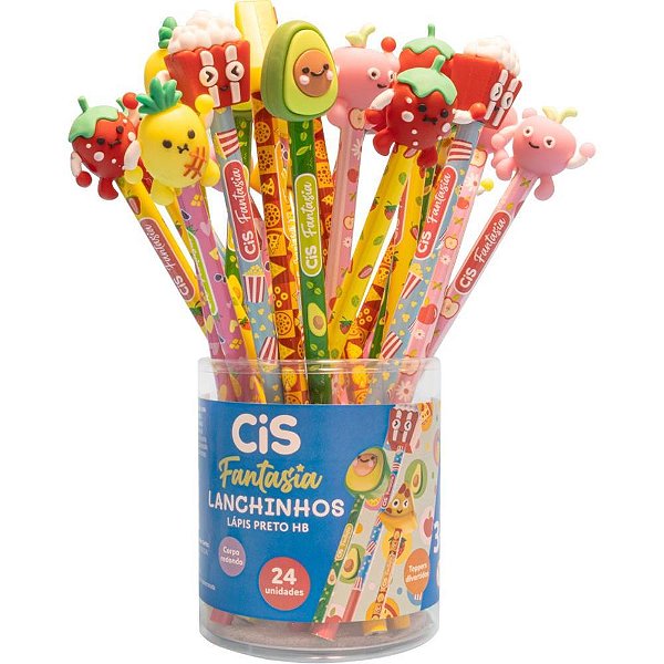 Lapis preto redondo decorado cis fantasia lanchinhos 6mod(s - sertic (pote-24)