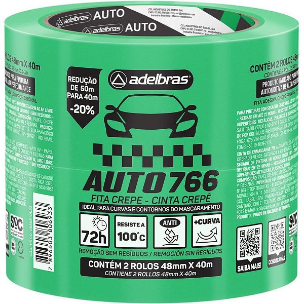 Fita crepe 766 automotiva 48mm x 40m verd - adelbras (pct.c/02)