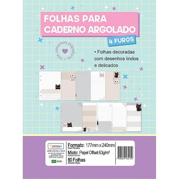 Refil para caderno cute cat p/argolado 63g. 80fls - cadersil (unidade)