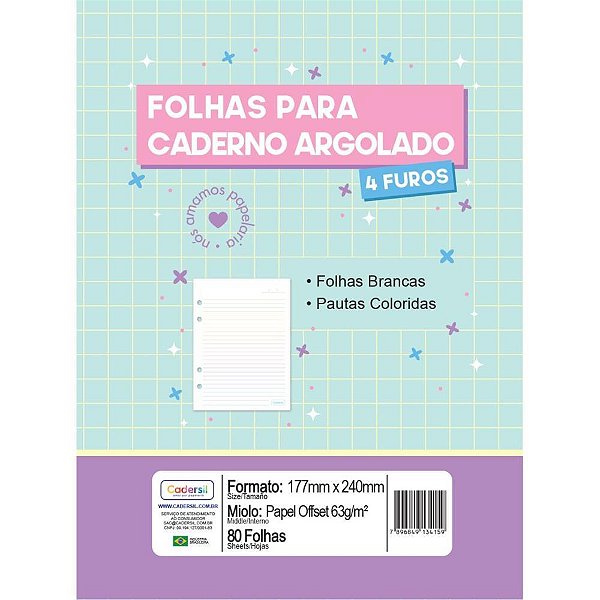 Refil para caderno argolado pautas color.63g. 80f - cadersil (unidade)
