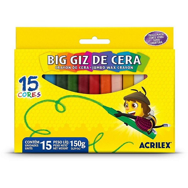 Giz de cera jumbo 15 cores big giz 150g - acrilex (cx.c/06)