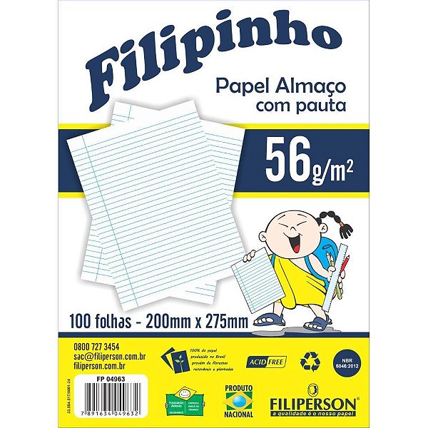 Papel almaco pauta e margem 200x275mm 56g - filiperson (pct.c/100)