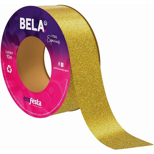 Fita poli decorada 15mmx10m glitter dourado - emfesta (rolo)