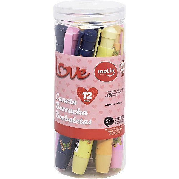 Borracha caneta love borboletas 4modelos - molin (pote-12)