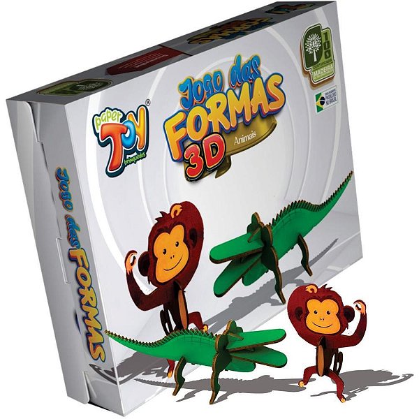 Brinquedo pedagogico formas 3d macaco/jacare mdf - papertoy (unidade)