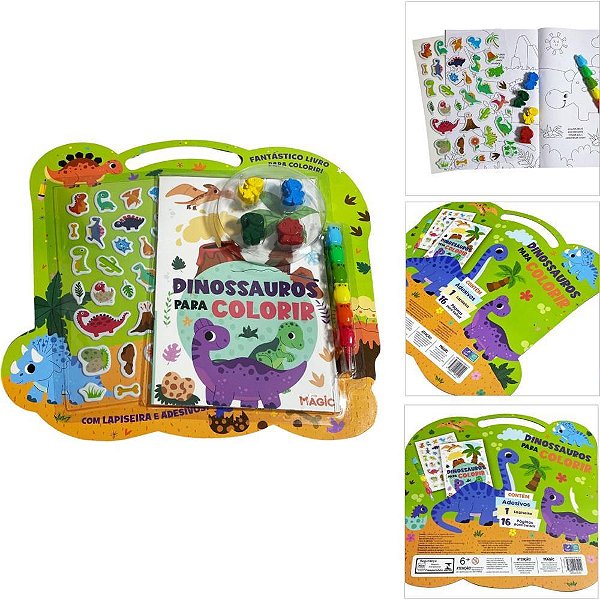 Livro infantil colorir kit dinossauros c/giz/adesivos - magic kids (unidade)