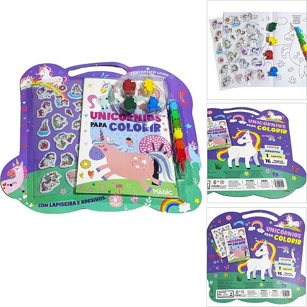 Livro infantil colorir kit unicornios c/giz/adesivos - magic kids (unidade)