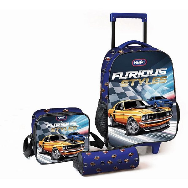 Mochila infantil com rodinha furiosos g estojo+lancheira - magic kids (kit)