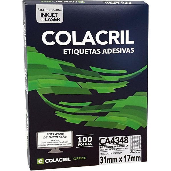 Etiqueta a4 31,0x17,0mm 100 folhas - colacril (cx.c/9600)